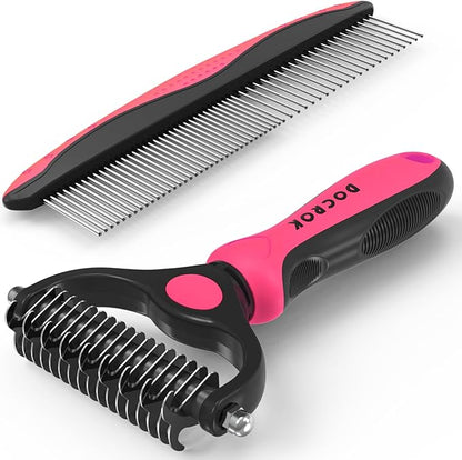 Docrok Pet Grooming Brush & Comb Combo, Cat & Dog Brush for Shedding & Dematting, Undercoat Rake for Long-haired Pets, Pink