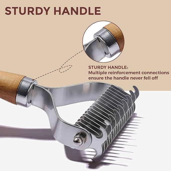 Undercoat Rake for Dogs - Professional Pet Shedding Dematting Comb with Wood Handle, Stainless Steel Blades for Pet Cats Dogs Matted Hair Tangles Removing