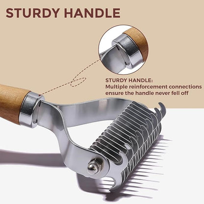 Undercoat Rake for Dogs - Professional Pet Shedding Dematting Comb with Wood Handle, Stainless Steel Blades for Pet Cats Dogs Matted Hair Tangles Removing