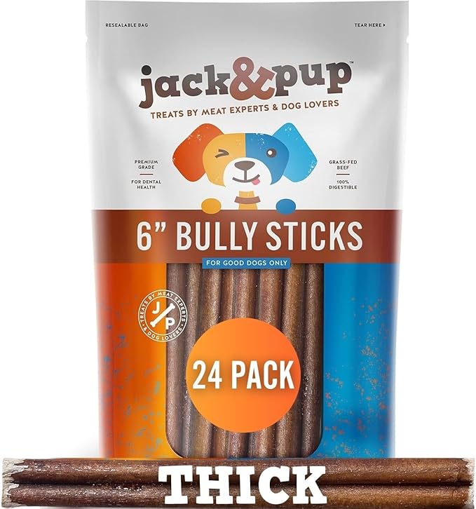 Jack&Pup 6 Inch Thick Bully Sticks for Dogs (24 Pack) Bully Stick Dog Chews, Single Ingredient 100% Beef Bully Sticks for Medium and Large Dogs