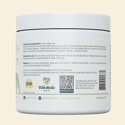 Wholistic Pet Allergy & Immune - Dog Allergy Chews with Mushrooms, Colostrum, Turmeric & Salmon Oil - Immune Support & Itch Relief for Dogs - Pre & Probiotics for Gut Health - Bacon Flavor - 90 Chews