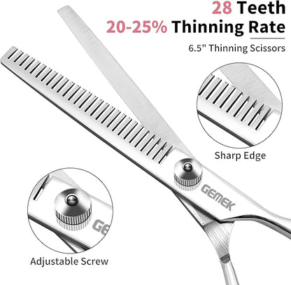 GEMEK Dog Grooming Scissors with Safety Round Tips Stainless Steel Professional Dog Grooming Kit - Thinning, Curved Scissors and Comb for Cat Pet (Pink 4 in 1)