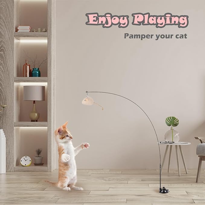 Greoil Cat Feather Toys, Interactive Cat Toy for Indoor Cats,Cat Wand Toys with 2 Suction Cup and 3 Wands, 3 in 1 Cat Toys for Bored Cats, Kitten Toy with Balls and Birds