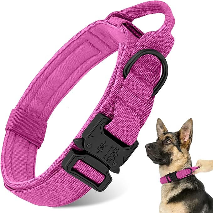 Tactical Dog Collar - Adjustable Heavy Duty Metal Buckle Nylon Collar with Control Handle for Small, Medium, Large Dogs (Pink, L)