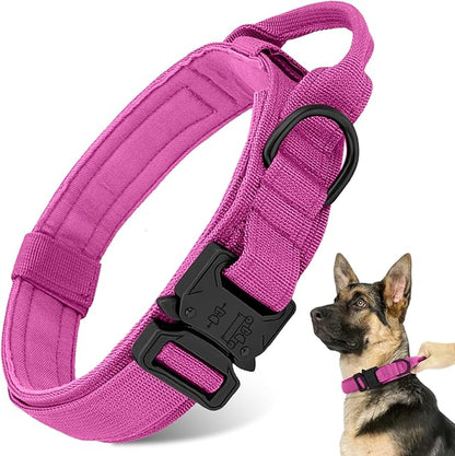 Tactical Dog Collar - Adjustable Heavy Duty Metal Buckle Nylon Collar with Control Handle for Small, Medium, Large Dogs (Pink, L)