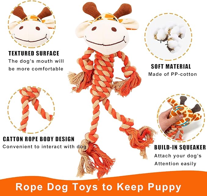 Rope Dog Toys to Keep Them Busy - Tug of War Dog Toys for Boredom Plush Interactive Squeaky Puppy Toys for Small Medium Large Dogs