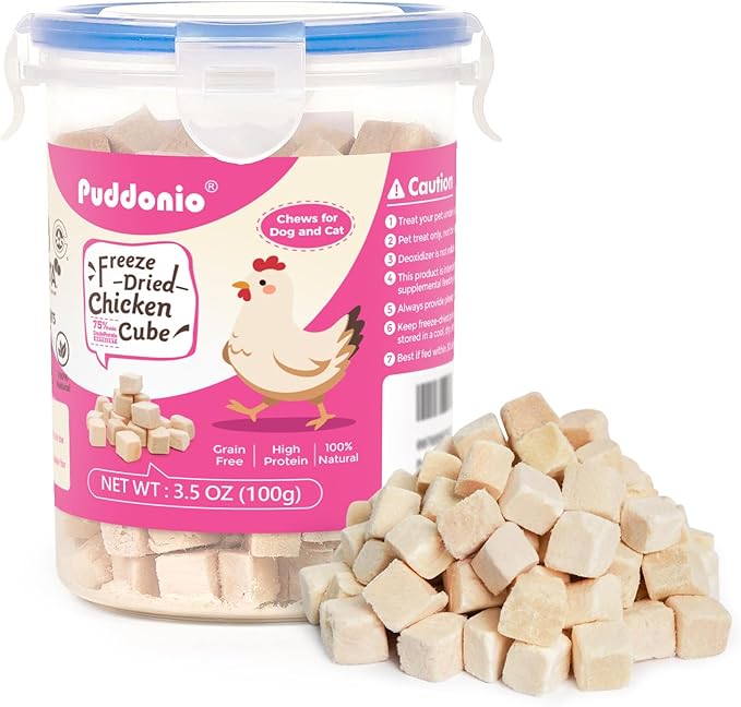 Puddonio Freeze Dried Cats & Dogs Raw Treats, All Natural Single Ingredient Chicken Breast, High Protein Healthy Pet Training Treats or Food Topper, 3.5 oz
