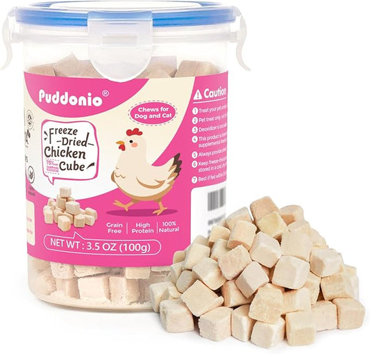 Puddonio Freeze Dried Cats & Dogs Raw Treats, All Natural Single Ingredient Chicken Breast, High Protein Healthy Pet Training Treats or Food Topper, 3.5 oz