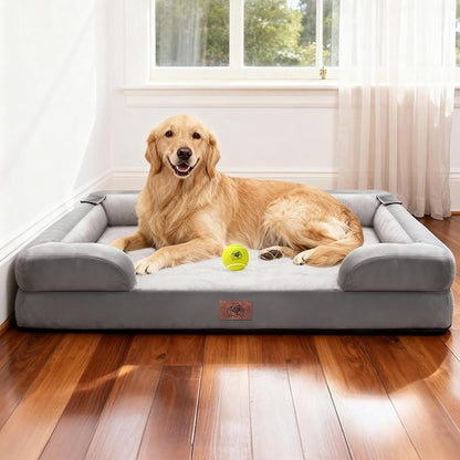 Extra Large Dog Bed, Orthopedic XL Washable Memory Foam Bed for Big Dogs Waterproof Pet Couch Sofa Bolster with Removable Cover, Non-Slip Bottom, Tennis Ball Toy, 42x30