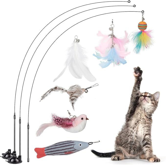Greoil Cat Feather Toys, Interactive Cat Toy for Indoor Cats,Cat Wand Toys with 2 Suction Cup and 3 Wands, 3 in 1 Cat Toys for Bored Cats, Kitten Toy with Balls and Birds
