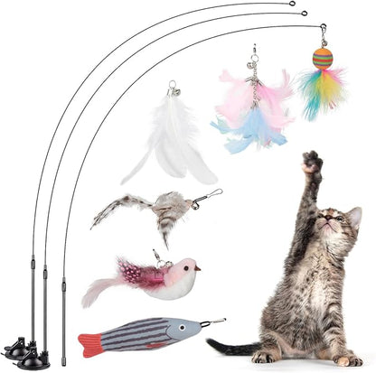 Greoil Cat Feather Toys, Interactive Cat Toy for Indoor Cats,Cat Wand Toys with 2 Suction Cup and 3 Wands, 3 in 1 Cat Toys for Bored Cats, Kitten Toy with Balls and Birds