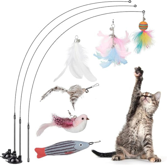 Greoil Cat Feather Toys, Interactive Cat Toy for Indoor Cats,Cat Wand Toys with 2 Suction Cup and 3 Wands, 3 in 1 Cat Toys for Bored Cats, Kitten Toy with Balls and Birds