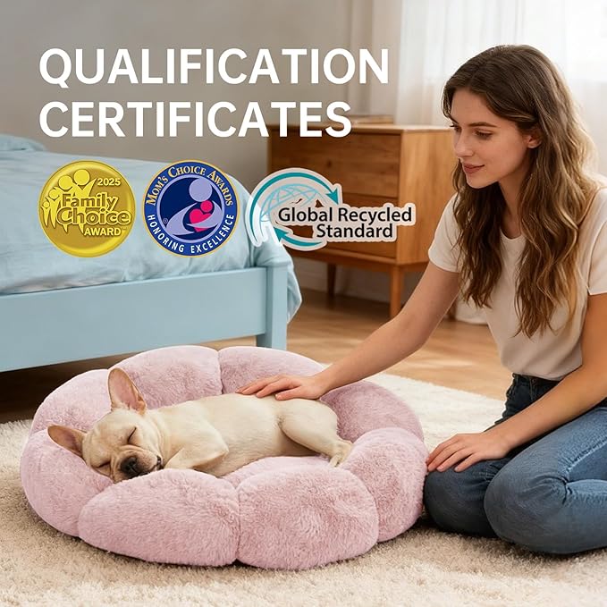 OhGeni 27 inches Calming Donut Dog & Cat Bed for Medium Pets, Warming Comfort Fluffy Short Pile Fur, Durable Machine Washable, Cute Round Bed for Puppy and Kitten, Pink