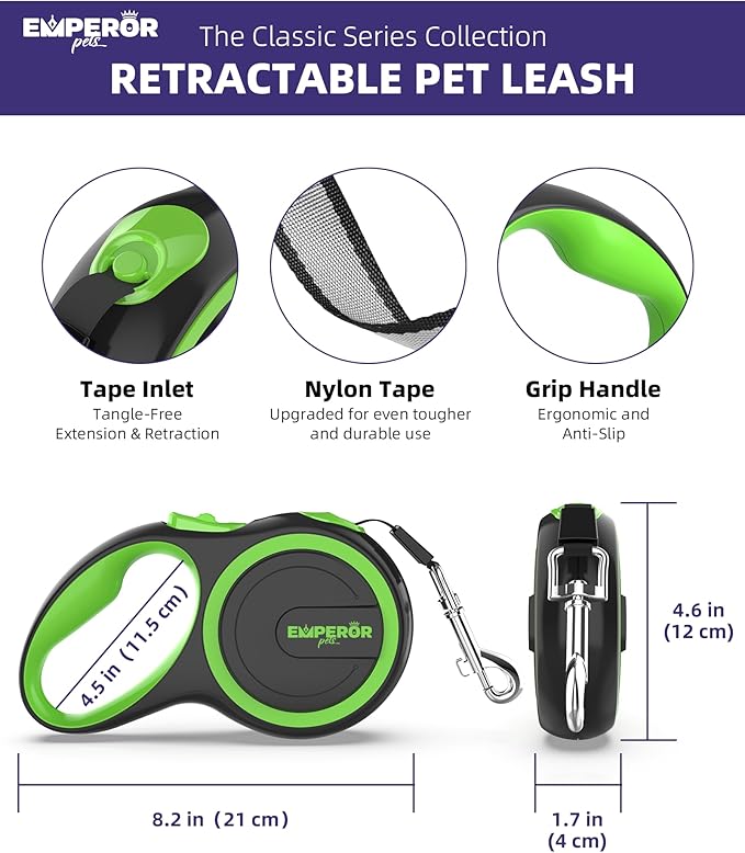 Emperor Pets 16 Feet Retractable Dog Leash Small Dogs - Up to 44lbs, Heavy Duty Leash Retractable 16 ft, Dog Leashes for Small Breed Dogs -GN16S