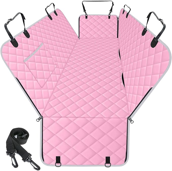 NECKORY Waterproof Dog Car Seat Cover for Back Seat - Durable, Scratch Proof Pet Hammock with Nonslip Design & Storage Pockets, Fits Cars, SUVs, Trucks - L, Pink/Grey