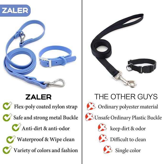 ZALER Dog Collar and Leash Set, Waterproof Adjustable Odor Proof Pet Collars Leashes Easy to Clean, 6FT Dog Leash with 2 Hooks for Large, Medium Small Dogs (L, Blue)