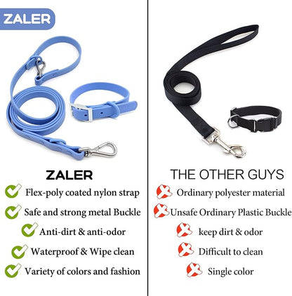 ZALER Dog Collar and Leash Set, Waterproof Adjustable Odor Proof Pet Collars Leashes Easy to Clean, 6FT Dog Leash with 2 Hooks for Large, Medium Small Dogs (L, Blue)