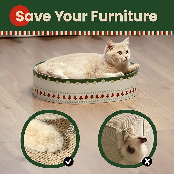 Conlun Cat Scratcher Bed, 2 in 1 Oval Cat Scratching Board for Indoor Kitty Scratch Pad Corrugated Cardboard Lounge Bowl Nest Couch Sofas for Kittens, Includes Cat Toy, Christmas