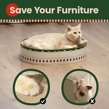 Conlun Cat Scratcher Bed, 2 in 1 Oval Cat Scratching Board for Indoor Kitty Scratch Pad Corrugated Cardboard Lounge Bowl Nest Couch Sofas for Kittens, Includes Cat Toy, Christmas