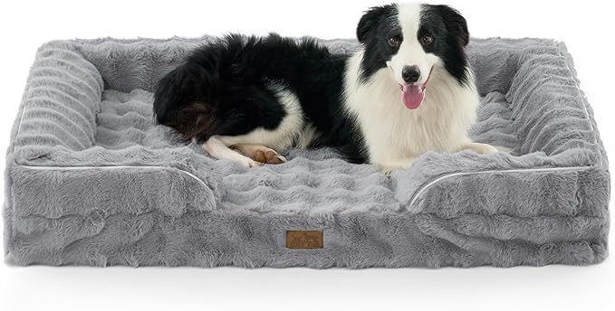 COZY KISS Orthopedic Dog Bed for Extra Large Dog, Soft and Warm Faux Fur Sofa for Giant Pet Up to 150 lbs, Foam Bolster Anti-Slip Couch with Washable Removable Cover, XXL 48x35x8 inch, Grey