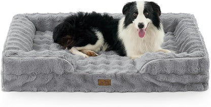 COZY KISS Orthopedic Dog Bed for Extra Large Dog, Soft and Warm Faux Fur Sofa for Giant Pet Up to 150 lbs, Foam Bolster Anti-Slip Couch with Washable Removable Cover, XXL 48x35x8 inch, Grey