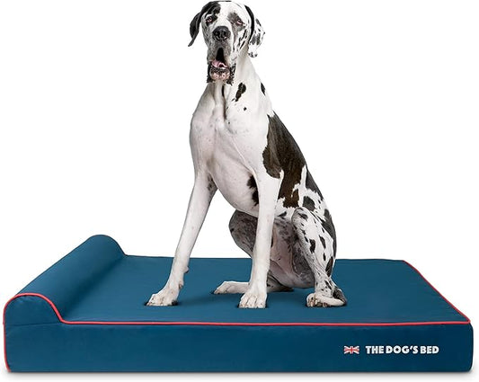 The Dog’s Bed Orthopedic Headrest Dog Bed XXL Blue Oxford with Red Trim UK Flag Dog Bed, Memory Foam, Hip & Elbow Dysplasia, Post Surgery, Waterproof Washable Cover, Veterinary Approved