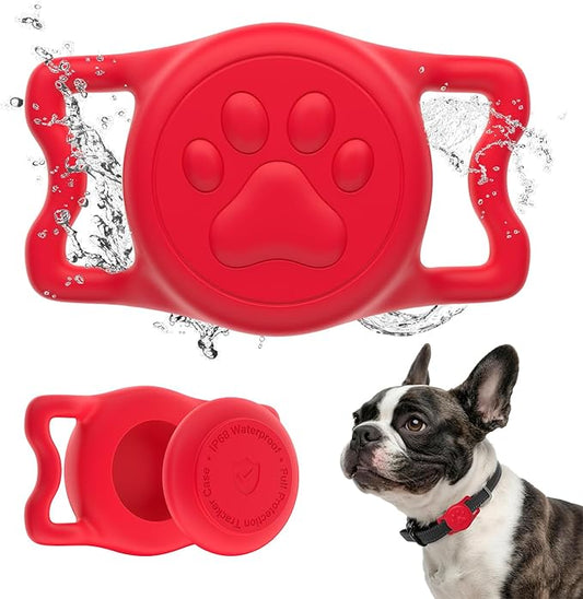 WhoseID IP68 Waterpoof Dog Tag Holder, Stretchy Silicone Full Body Covered tag Holder for Dog Cat Collar Fit All Width Collar (Red1, 1 Pack)