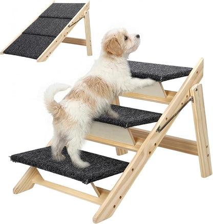 Dog Stairs/Steps, 2-in-1 Foldable Wooden Pet Stairs, Wood Frames and Non-Slip Carpet Suitable for High Beds, Car, Couch, Durable Wooden Dog Stairs for Small Medium and Large Dogs,3 Steps