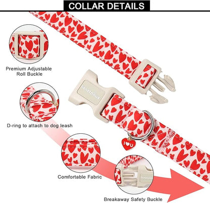 Lionet Paws Valentine's Day Dog Collars - Red Heart Peach Dogs Collar with Plastic Buckle and Heart Pendant,Dog Collar for Medium Large Dogs