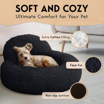 PetJett Calming Dog Bed for Small Dogs – 23" Donut Dog Beds, Anti-Slip & Washable Fluffy Plush Faux Fur Pet Bed, Anti-Anxiety Premium Comfort Round Puppy Bed, Fits Dogs up to 25 lbs – Black