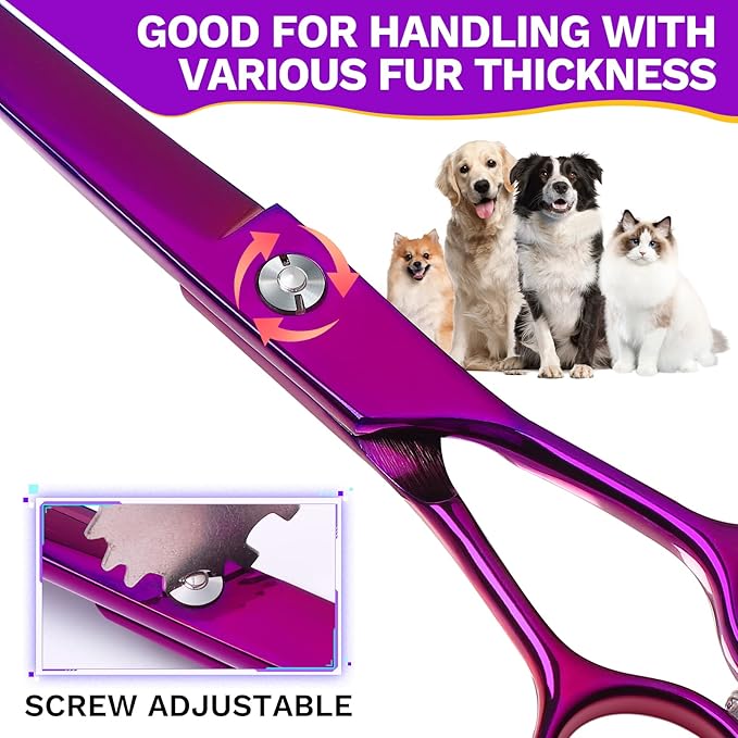 JASON 7.5" Dog Grooming Scissor - Professional Down-curved Shear with Ergonomic Handle Japanese Stainless Steel Trimming Scissor for Dogs, Cats and Other Pets, Sharp (Curved, Purple) Christmas Gift