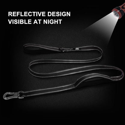 TwoEar 5FT 1IN Strong Black Dog Leash with 2 Padded Handles, Traffic Handle Extra Control, Comfortable Soft Dual Handle, Auto Lock Hook, Reflective Walking Lead for Small Medium and Large Dogs