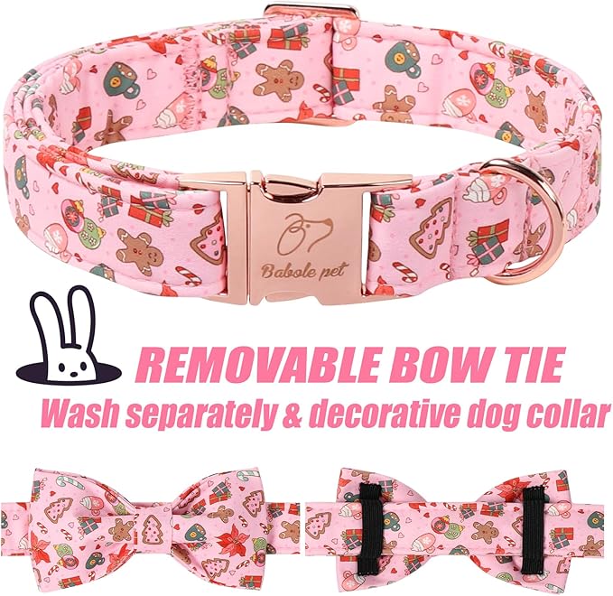 Christmas Dog Collar with Bow Tie - Sweet Chsiatmas Festival Pattern Pink Puppy Collar, Adjustable Metal Buckle Winter Bowtie Dog Collars for Small Medium Large Dogs M
