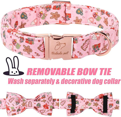 Christmas Dog Collar with Bow Tie - Sweet Chsiatmas Festival Pattern Pink Puppy Collar, Adjustable Metal Buckle Winter Bowtie Dog Collars for Small Medium Large Dogs XL