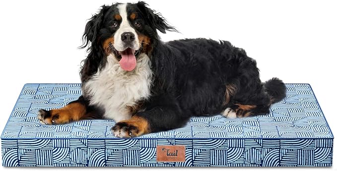 Tail Stories Outdoor Extra Large Dog Crate Bed, XXL Waterproof Dog Bed for Giant Breeds Dogs, 47x29 Inch Orthopedic Egg Crate Foam Pet Mat with Removable Cooling Cover, White Blue