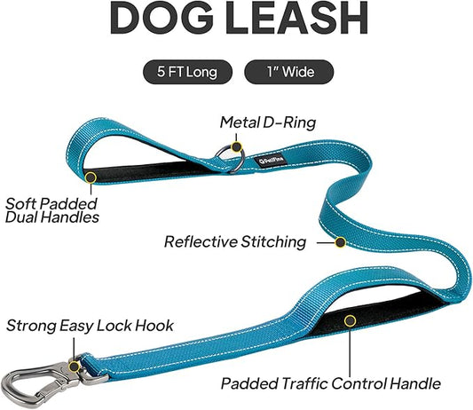 PetiFine 5FT Heavy Duty Dog Leash with Soft Padded Double Handle, Durable Strong Clasp Dog Leashes, Reflective Nylon Walking Lead for Large,Medium,Small Breed Dogs, Blue