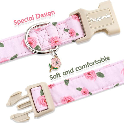 Faygarsle Pink Floral Dog Collar with Roses Pattern, Spring Summer Design for Small Medium Large Dogs S
