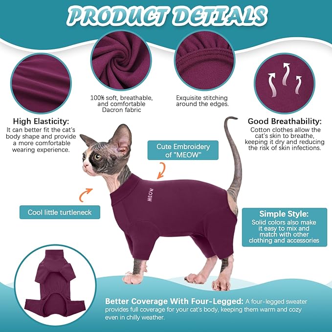 ROZKITCH Hairless Cat Sweater, Breathable Soft Jumpers for Sphynx Only, Coat with Four Legs, Warm Sweater T-Shirt Cat Pajamas Jumpsuit Vest Cornish Rex, Devon Rex, Peterbald Purple S