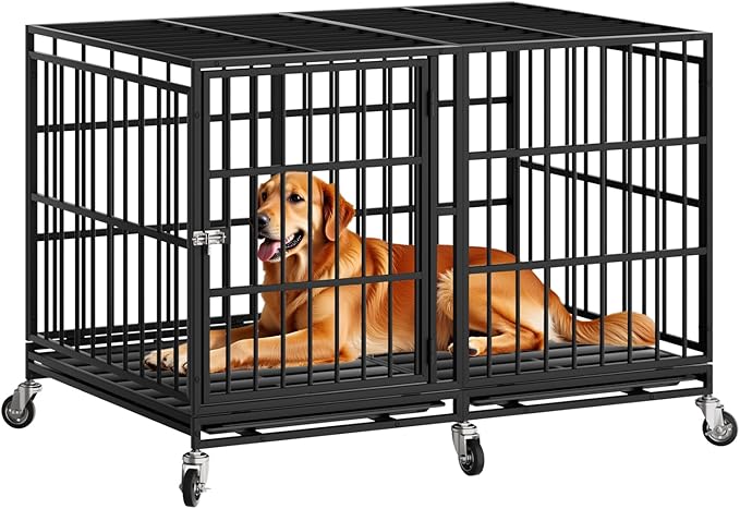 Snuowu 48 Inch Heavy Duty Dog Crate with Wheels，Indestructible Escape-Proof Dog Cage for Large Dogs, Extra Large XL XXL Indestructible Dog Crate with Removable Tray.