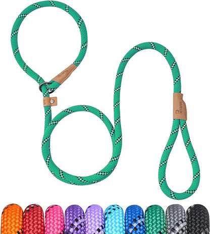 5 FT Slip Lead, Heavy Duty Rope Leash for Small to Large Dogs, No Pull Training Lead with Reflective Thread, Strong Comfortable Loop (Green Stripe, Large(1/2"))