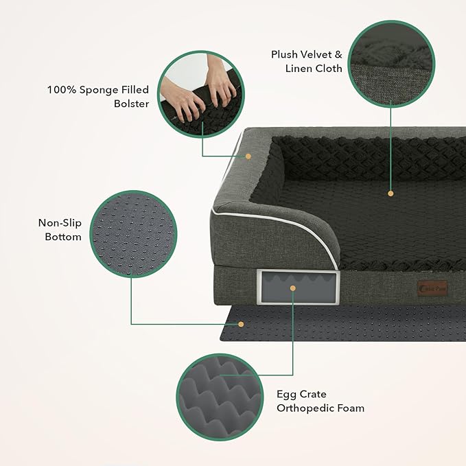 Casa Paw Orthopedic Dog Beds for Large Sized Dogs, Waterproof Memory Foam Large Pet Bed with Sides 35x22Inch, Non-Slip and Egg-Crate Foam Big Dog Couch Bed with Removable Washable Cover, Dark Green