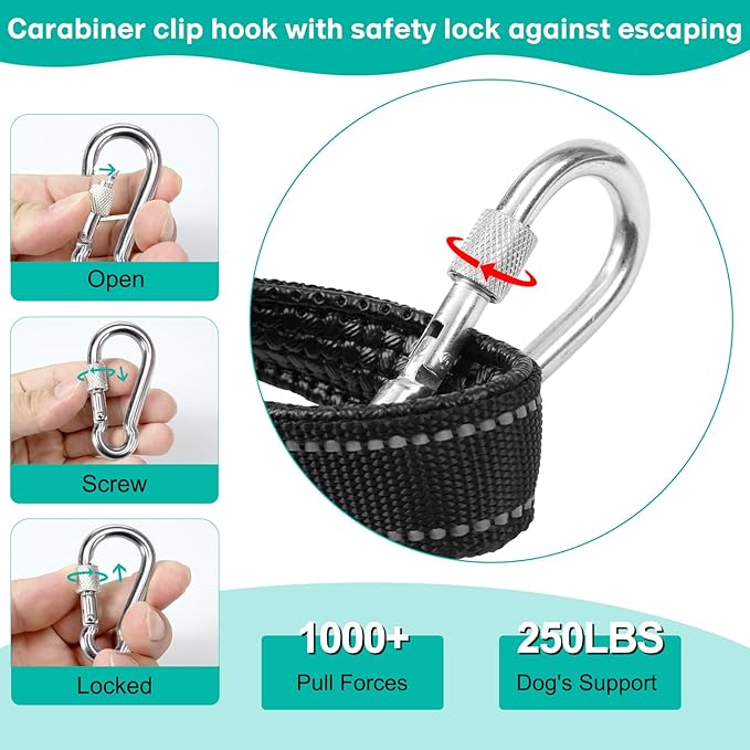 Long Dog Leash Chew Proof, Tie Out Cable for Dogs Heavy Duty 10/20/30/50 ft with Carabiner, Dog Leads for Yard for Medium Large Dogs, Dog Long Leashes with Padded Handle (Black, 50Ft)