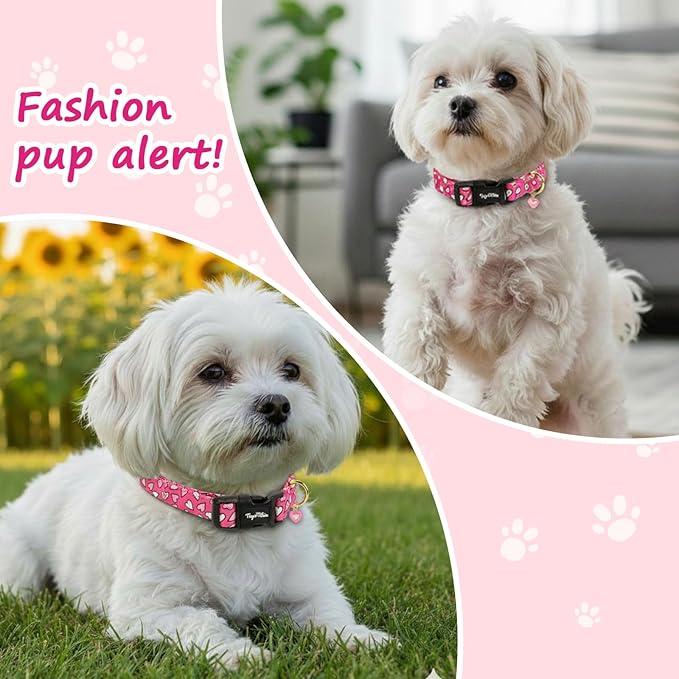 Valentines Dog Collar with Pink White Heart Pattern, Adjustable Small Dog Collar with Safety Buckle & Heart Charm, Spring Summer for Girl Boy Dogs-S
