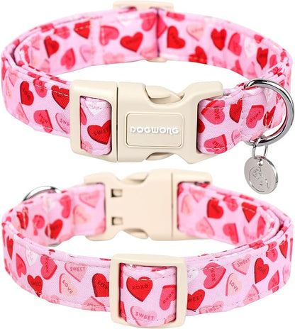 DOGWONG Valentine's Dog Collar - Pink Heart Adjustable Cotton Heart Dog Collar - Perfect for Extra Large Dogs