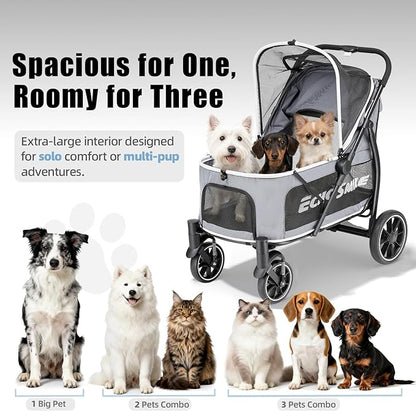 EchoSmile Dog Stroller for Large Dogs, 135lbs Weight Extra Large Pet Stroller, 4 Wheels Cats & Dogs Carrier with Brakes, Breathable Mesh Windows & Pocket, Gray