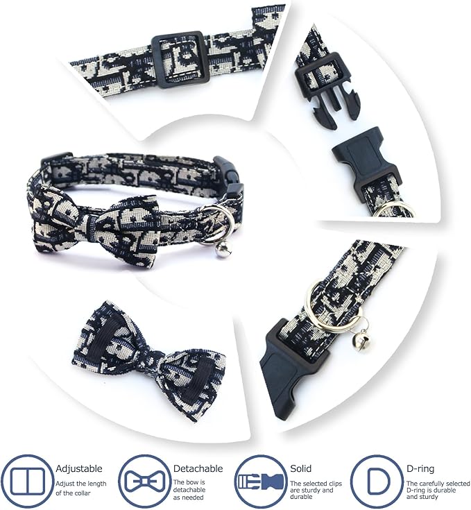 Bowtie Collars for Medium Dogs, Elegant Dog Bow Tie Collars, Dog Collars with Bowtie Adjustable 13.8"-17.7", Black, M