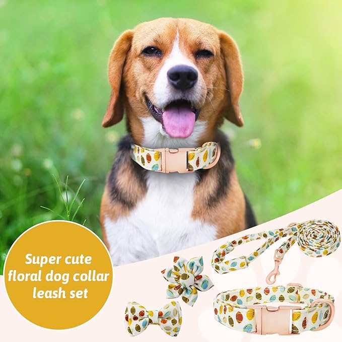 Dog Collar and Leash Set Girls Adjustable Puppy Collars with Floral Bow Tie for Small Medium Large Female Dogs, Rugby, XS