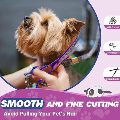 JASON 7" Ergonomic Curved Dog Scissors - Purple 440C Stainless Steel Grooming Scissors (28-Teeth, Down-Curved)