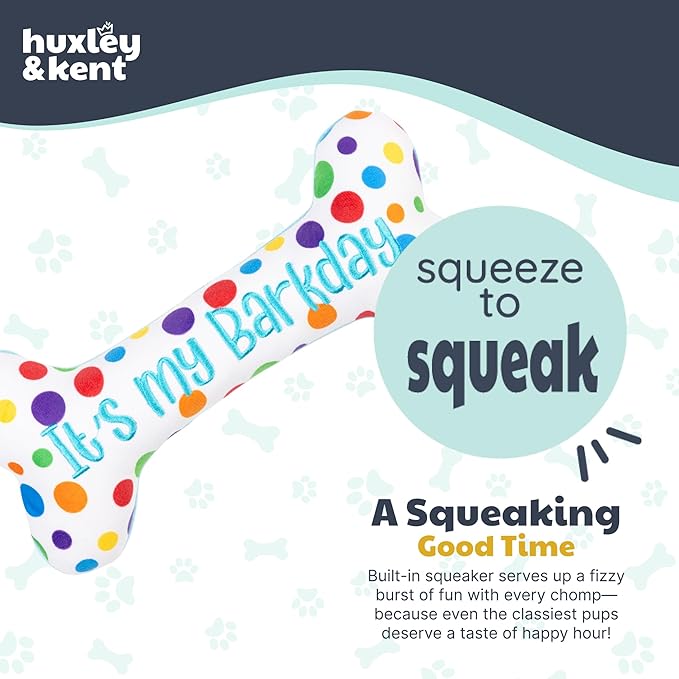 Huxley & Kent Funny Dog Toy w/Squeaker – Power Plush Squeaky Dog Toys for Small, Medium & Large Dogs – Soft Stuffed Animal for Indoor Play & Fetch - It's My Barkday Bone, Small