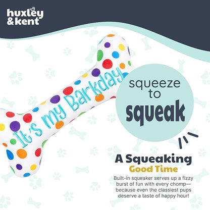 Huxley & Kent Funny Dog Toy w/Squeaker – Power Plush Squeaky Dog Toys for Small, Medium & Large Dogs – Soft Stuffed Animal for Indoor Play & Fetch - It's My Barkday Bone, Small